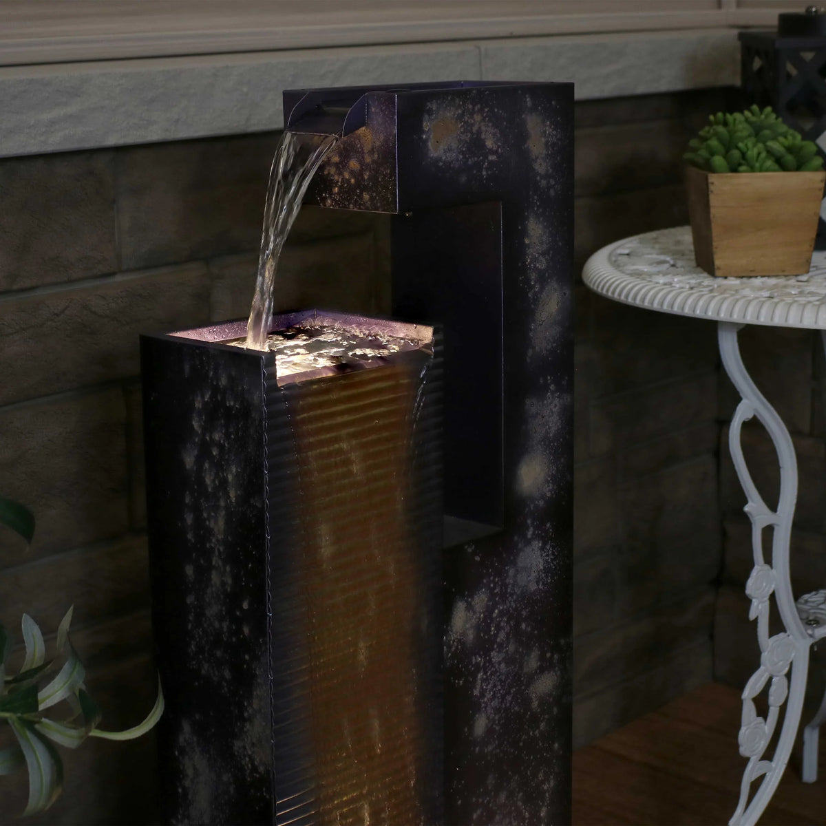 32" Tower Sunnydaze LED with Cascading Outdoor Fountain Metal Lights -