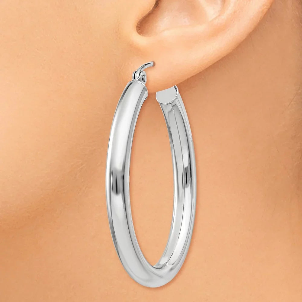 Men Hoop Adults Earrings; for for 3.5mm White and Women Teens; Gold Polished Oval Real 14kt Tube and